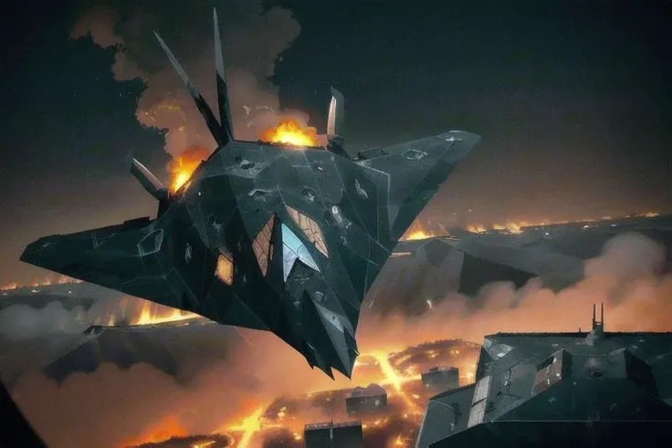 analog gloomy aerial photo of a stealth bomber, <lora:n1ghth4wk:1>, ((nighttime)), (explosions on the ground:1.1), ((fire)), city ruins, High Detail, Sharp focus, (photorealism), realistic, best quality, 8k, award winning, dramatic lighting, epic, cinematic, masterpiece, rim light, action , war,