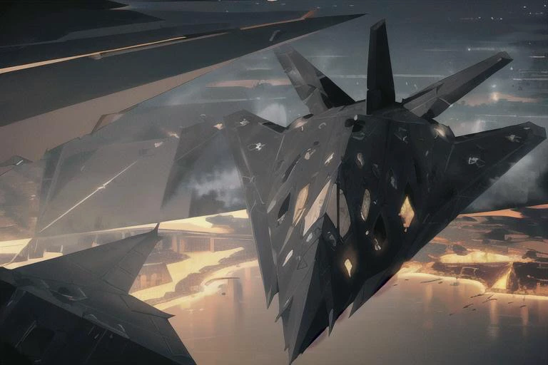 analog gloomy aerial photo of a F-117 stealth bomber, <lora:n1ghth4wk:1>, ((nighttime)), (explosions on the ground:1.1), ((fire)), city ruins, High Detail, Sharp focus, (photorealism), realistic, best quality, 8k, award winning, dramatic lighting, epic, cinematic, masterpiece, rim light, action , war,