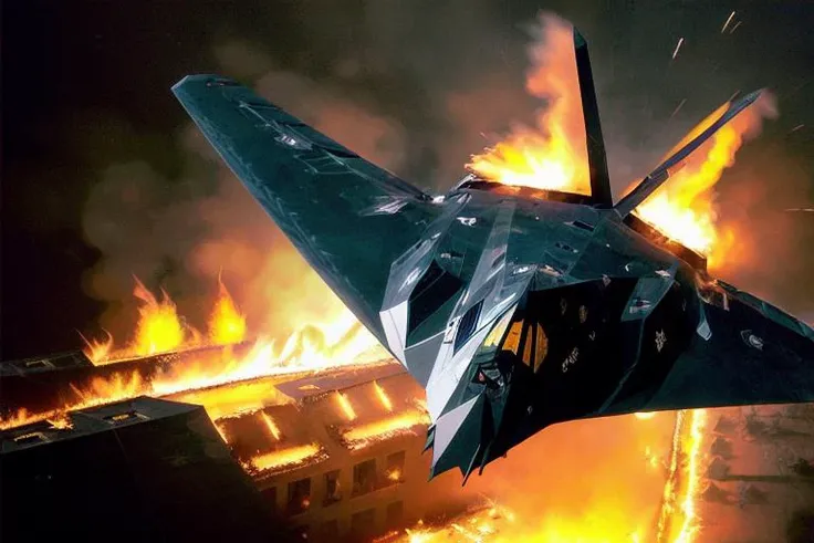analog gloomy aerial photo of a nighthawk stealth bomber, <lora:n1ghth4wk:1>, ((nighttime)), (explosions on the ground:1.1), ((fire)), city ruins, High Detail, Sharp focus, (photorealism), realistic, best quality, 8k, award winning, dramatic lighting, epic, cinematic, masterpiece, rim light, action , war,