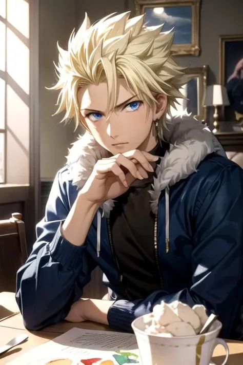 masterpiece, best quality, movie still, 1boy, solo, male focus, looking at viewer, upper body, depth of field, (watercolor illustration, soft pastel colors:1.1), realistic, <lora:sting_eucliffe:0.74>, sting_eucliffe, blonde hair, blue eyes, spiked hair, demon costume, dining room,