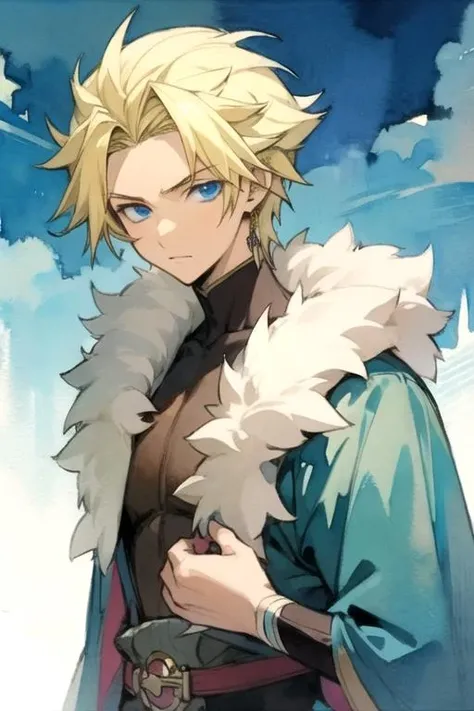 1boy, blonde hair, blue eyes, blue colloard shirt, yellow backgrownd, white pants, belt, standing hand peace sign, smiling, oloring, high quality, HDR, UHD frekles on his face, Anime style, masterpiece, spiky hair, long slevees