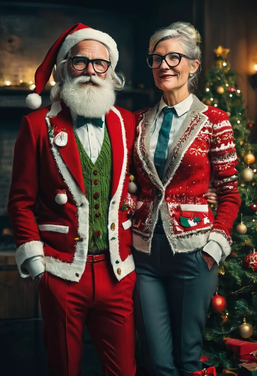 Hipster Santa Claus and Mrs Claus, Bespoke Suit, Detailed, ChristmasSweater, xmas