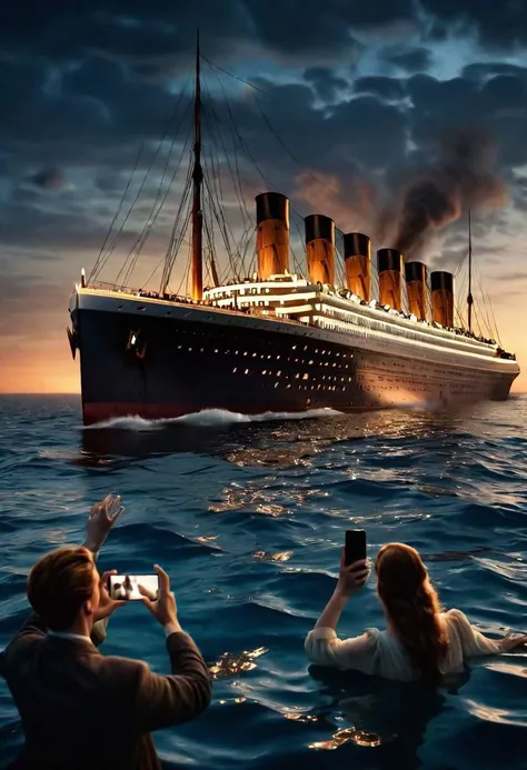 People taking selfie while Titanic is sinking, night scene