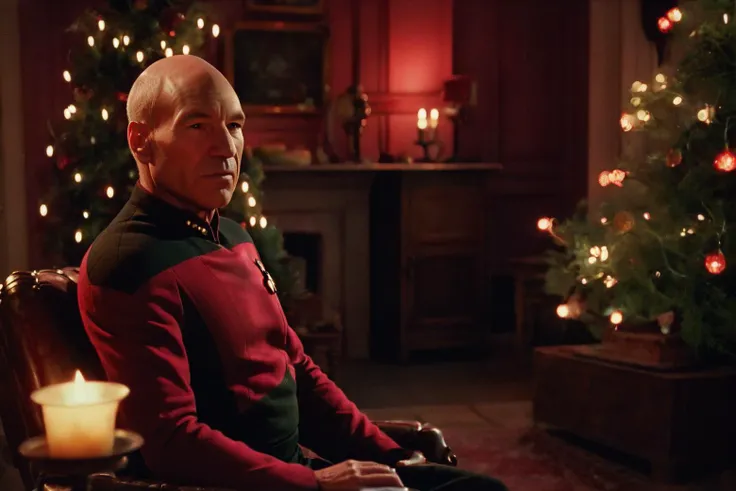 picard wearing a red Starfleet uniform, dark, 19th century home, antique furniture, Christmas, tree, lights, warm light, candlelight, soft light, low contrast, dreamy, film grain <lora:Star Trek TNG SDXL v1:1>
