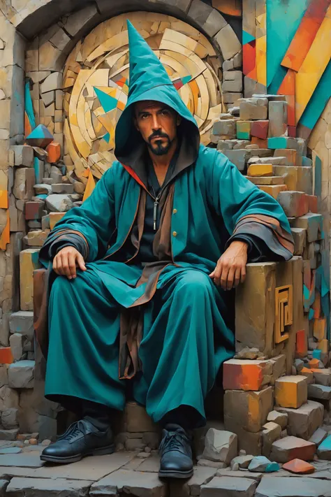 sorcerous sorcerer, chilling background, mixed media collage, fine lines,geometric,broad brushstrokes,street art graffiti,vivid,cubism