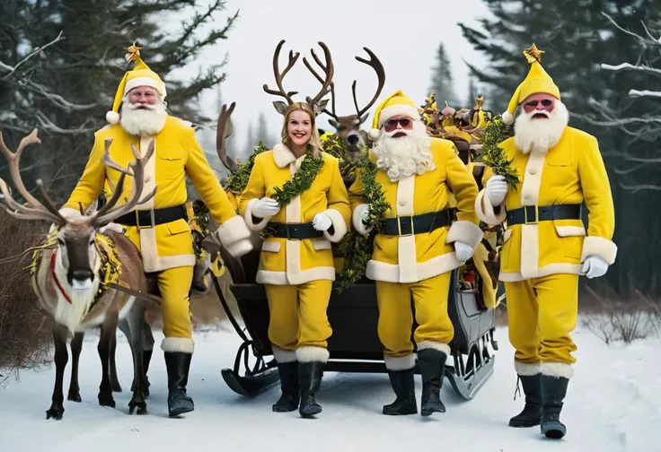 Santa and his helpers dressed in yellow, at the north pole, Mistletoe Mercenaries, reindeer, sleigh,