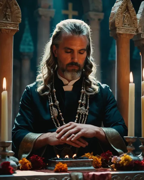 close-up of A high priest performing arcane rituals at an altar., directed by directors cinemastyles