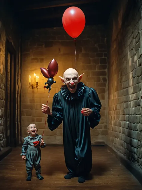 the Nosferatu trying to make a child laugh, (balloon animal in hand:1.2), castle interior, RAW, 8k, VISION3 500T Color Negative Film 5219, hyper realistic, ultra-detailed, photo-vingette by john Wilhelm, <lora:Stefan_Gesell_style_m:0.7> 5GPstyle, by Stefan Gesell