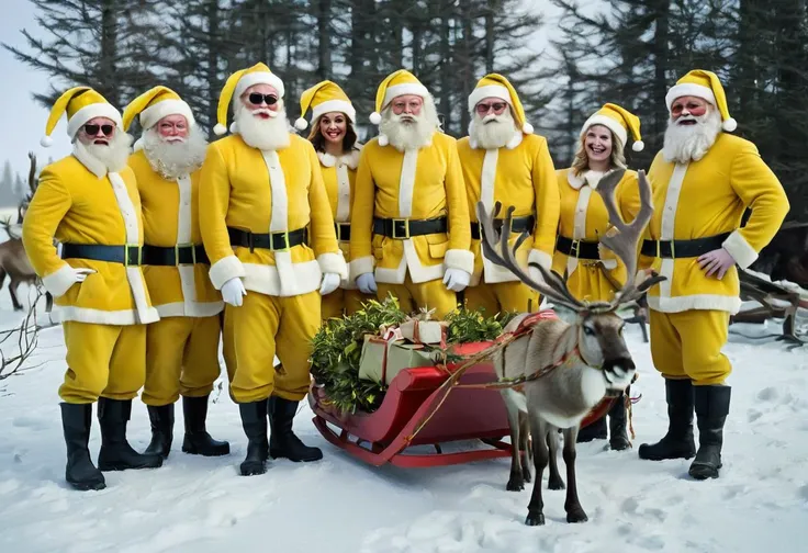 Santa and his helpers dressed in yellow, at the north pole, Mistletoe Mercenaries, reindeer, sleigh,