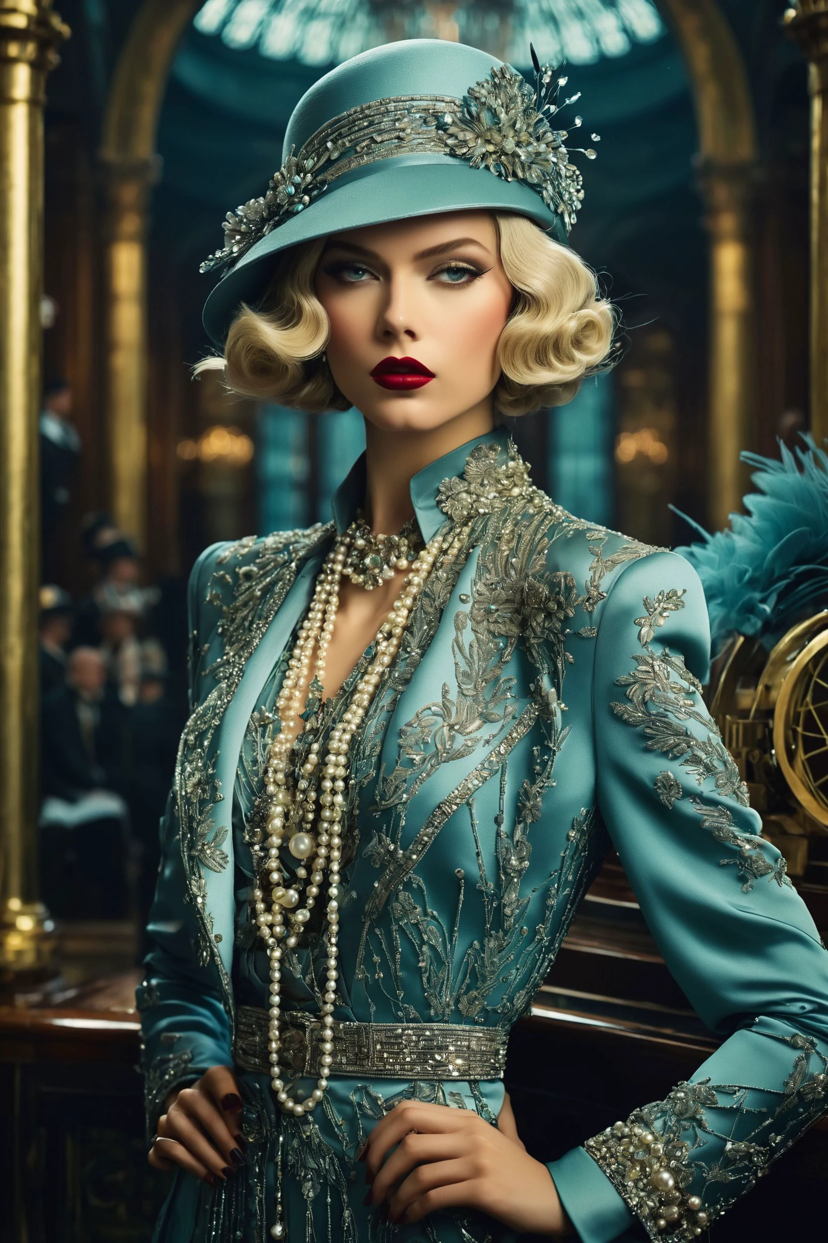 cyber paradox, opulent background, raw photo, 1920s fashion photography, editorial,trendy,extravagant,professional,high fashion
