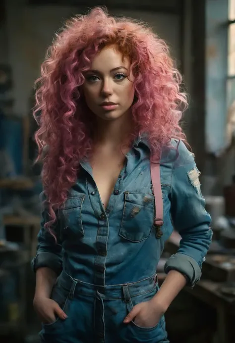 masterpiece realistic portrait of a gorgeous 25 year old woman, pink curly hair, workshop, soft light, wearing dirty denim jumpsuit