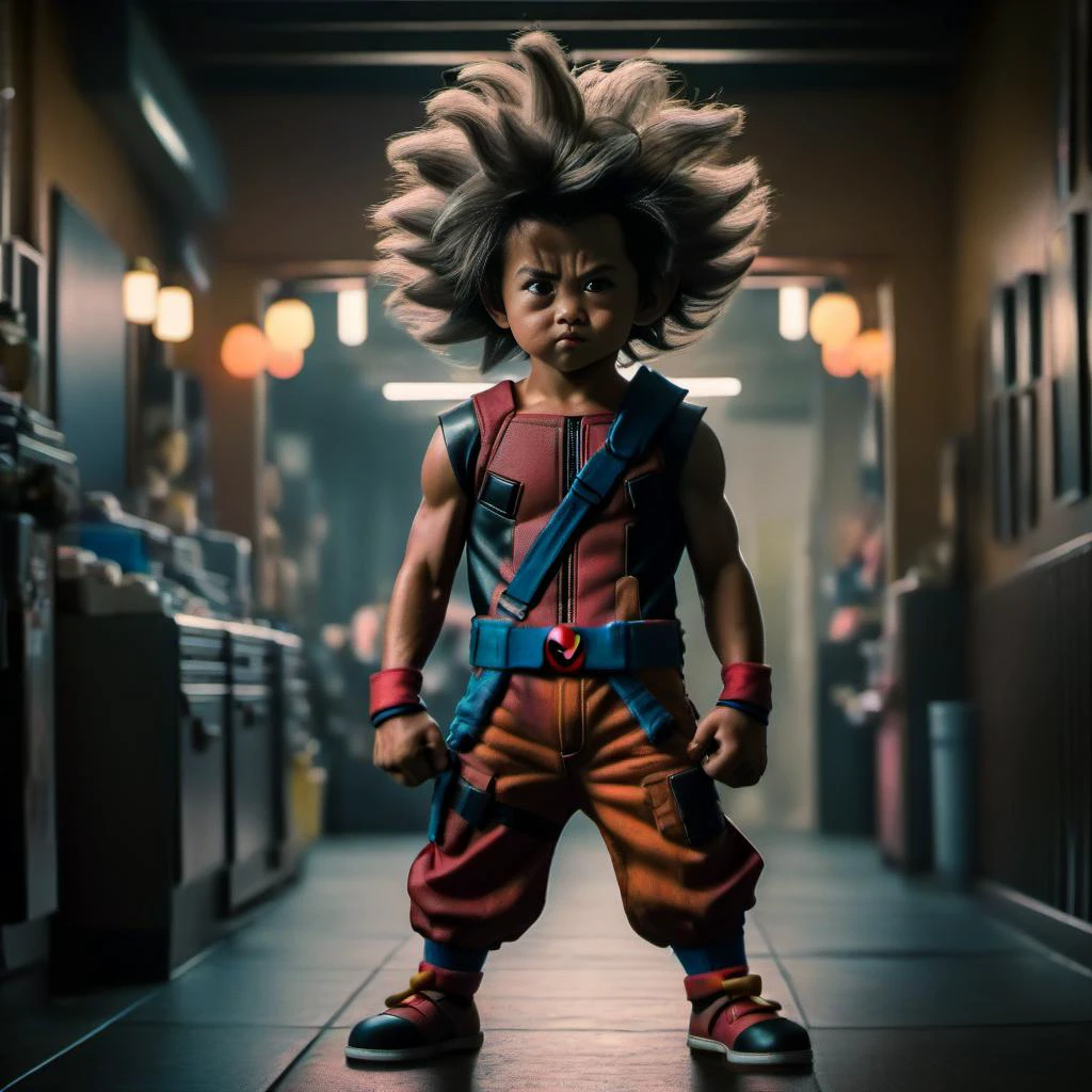 deadpool merged with mickey mouse son goku hair in real life, fullbody <lora:offset_0.2:1>, cinematique. cinematic film still, cinemascope, film, Dark, 800mm lens, cinematic, matte, Cinematic, moody lighting