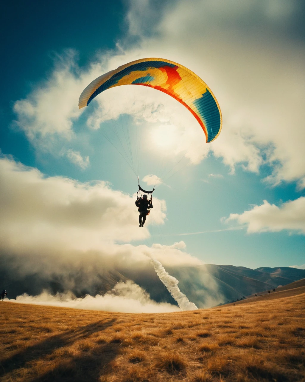 extreme wide shot of Paraglider caught in a thermal updraft, leaves swirling below., directed by Andrea Arnold Classic Ektar, retro, historic, f/12.5, cool shadows, warm highlights, soft focus, vignette, film grain, analog, bokeh, involved in a project