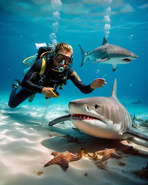 Crane Shot of Scuba diver encountering a shark, bubbles and sand stirred up., directed by Robert Benton Ektachrome, Romantic, Realism, flat lighting, gilded technique, DOF, bokeh, a look of terror scared horrified