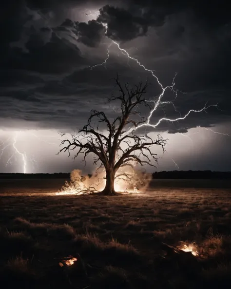 eye level of Lightning striking a lone tree in a field, bark exploding and embers glowing in the aftermath., directed by Alexander Payne High-contrast, digital, black and white, sharp focus, deep blacks, brilliant whites, modern, digital B&W, a look of terror scared horrified