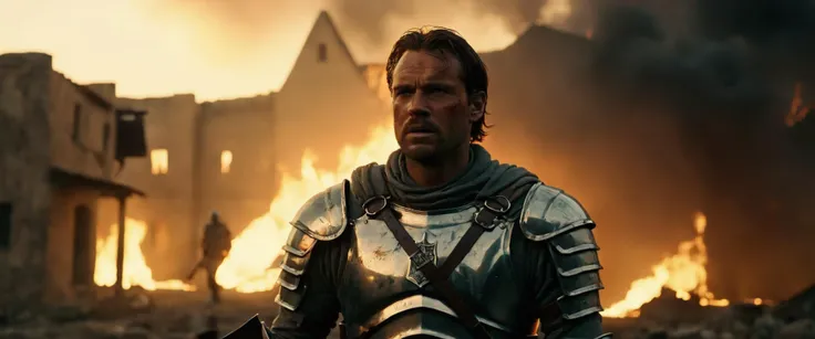 cinematic film still, A knight in full armor stands on the edge of a burning village, his face contorted in a fierce expression. Flames consume the buildings behind him, casting an eerie orange glow on his face. The atmosphere is dark and gritty, with smoke and ash choking the air. The scene is from a dark fantasy film, directed by a veteran Hollywood fantasy director, and expert cinematic lighting engulfs the whole scene. The camera is positioned to capture the knight's face, with the burning village in the background. This is a dramatic cinematic film still, capturing the intensity and drama of the scene. glossy, rtx, reflections, soft light, soft shadows, dramatic lighting, atmospheric, global illumination, unreal, octane, (two tone lighting:1.5), (cyan light:1.4)