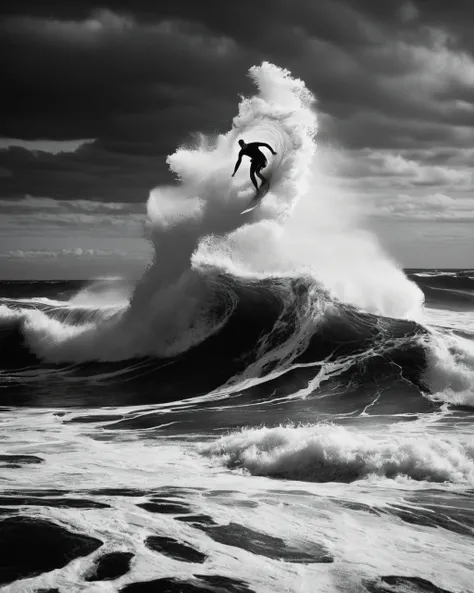 hip level of Surfer conquering a towering wave during a storm, water splashing and foam swirling in the air., directed by Delbert Mann Monochrome, grayscale, black and white, b&w, cool shadows, warm highlights, soft focus, black and white, classic, sound stage, vintage, film grain, scratches, patina, directed, cinematography, movie, film, classic, involved in a project