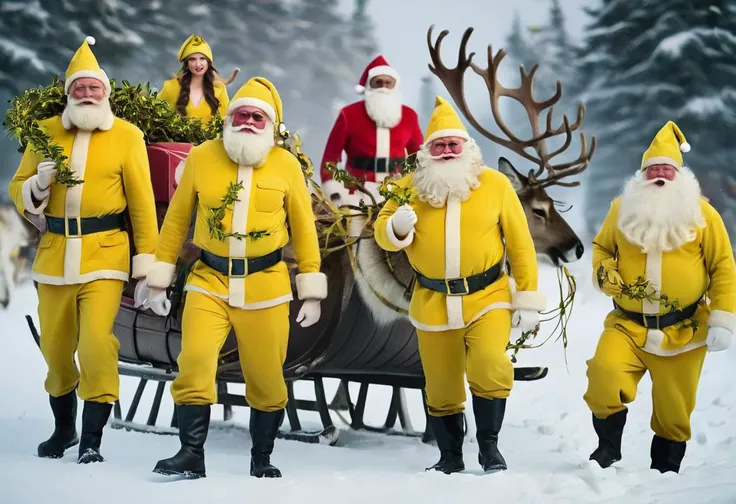 Santa and his helpers dressed in yellow, at the north pole, Mistletoe Mercenaries, reindeer, sleigh,