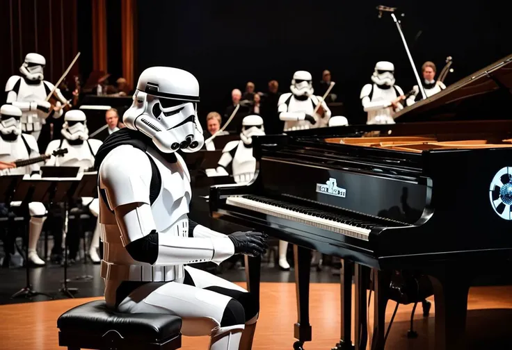 Photo of A concert pianist dressed as a stormtrooper, playing the piano con the death star in front of a full orchestra.