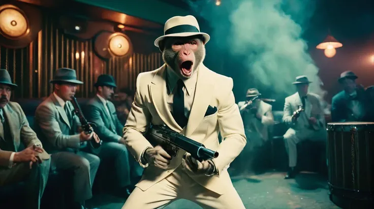 cinematic still, macaque, screaming, wearing white zoot suit, fedora, shooting a Thompson submachine gun with both hands, drum magazine, muzzle flash, smoky, jazz club speakeasy, art deco,  high contrast, desaturated, moody, film grain, masterpiece, (((wide shot))) <lora:Dressed animals:1>