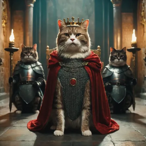 cinematic still of cat wearing crown and red robe in throne room, guarded by two cats wearing chainmail armor and cloaks, sconces, braziers, torches, high contrast, ray tracing, night