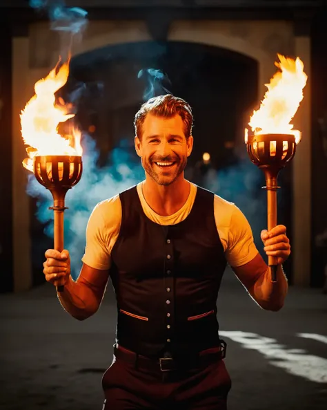 shoulder level of Juggler tossing flaming torches, flames flickering., directed by Zack Snyder Digital, cinematic, color grading, natural lighting, cool shadows, warm highlights, soft focus, actor, directed, cinematography, Dolby Vision, extremely content happy smile