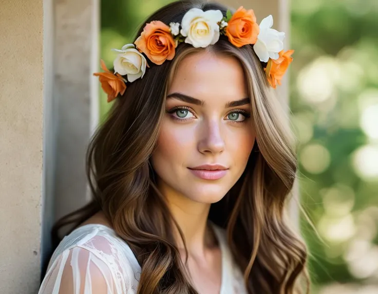 A beautiful young woman with long, wavy brown hair is the central focus of this serene summer scene. She wears a floral crown adorned with orange and white flowers, and her fair skin glows with a soft, natural light. Her blue eyes, slightly parted, meet the viewer's gaze with a gentle expression. A white, lace-trimmed garment drapes her body, evoking a sense of casual elegance. The background, softly focused, features lush greenery and hints of a sunlit outdoor setting, with warm, golden tones that complement the subject's hair and the cool blue of her eyes.