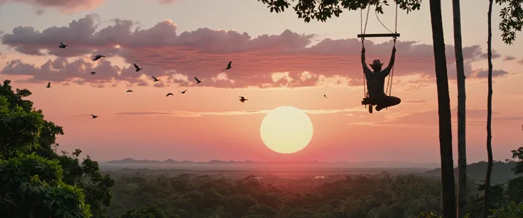 cowboy shot of in the background, a scene of an abandoned jungle scene depicts a serene landscape, painted with intricate patterns and colors. The scene is set against a backdrop of lush greenery and chirping birds, while the sun shines brightly overhead. In the distance, a group of monkeys swing from branch to branches, their feathered wings creating a peaceful contrast to the muted hues of this epic . (key visual, cinematic pink Color grading), red film grading, directed by M. Night Shyamalan Saturated pastels, symmetrical, centered composition, whimsical, offbeat, quirky, faux-vintage, cinematic tableau