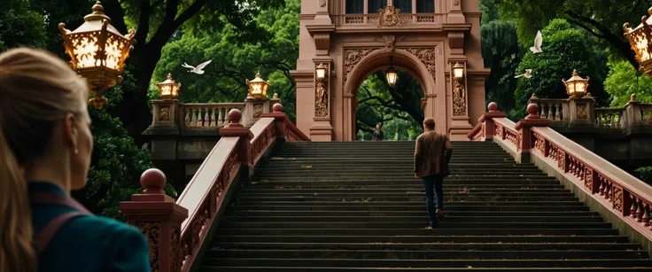 Dutch Angle of a vibrant and energetic scene unfolds before your eyes, as you walk down a wrought iron staircase adorned with intricate gold carvings. The air is thick with the scent of fresh rain, and the sound of chirping birds fills your ears. This is set against a backdrop of lush green trees, with stars twinkling in the distance. (key visual, cinematic pink Color grading), cyan film grading, directed by Joss Whedon Digital, cinematic, color grading, natural lighting, cool shadows, warm highlights, soft focus, actor, directed, cinematography, Dolby Vision