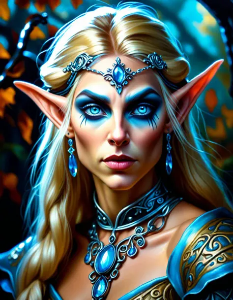f/1.4, square image, close up film photo, portrait of a Night Elf, blonde wild, cyan eyes, high fashion jewelry, elegant pose, atmospheric lighting, cinematic composition, detailed, autumn , Fantasy, Masterpiece baroque chiaroscuro dramatic tenebrism oil painting on canvas, <lora:Hyper-SDXL-4steps-lora:0.55>