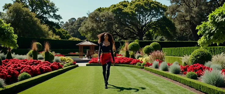extreme wide shot of In the heart of New Wave, a woman midi skirt and blouseed in vibrant red skin with long legs and intricate black leggings stands tall. Her hair is copper and Teal, contrasting against its fur in stark contrast. The scene is set in a lush garden, with vibrant flowers and tall grasses lining the background. The title of the "New Wave" is written in bold letters at the bottom of the caption. (key visual, cinematic red Color grading), blue film grading, directed by Quentin Tarantino Guerrilla filmmaking, handheld shots, jump cuts, improvisational, raw emotion, experimental angles, minimalistic, dialogue-driven, breakthrough performances, indie soundtrack, resourceful, avant-garde