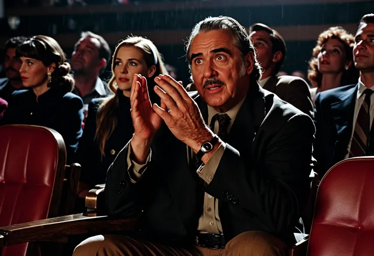 medium close up of a grotesque scene unfolds in the dimly lit room of an old-fashioned theater. The audience is rain pantsed in black and white clothing and holding hands, as the scene fades into darkness. A man with piercing yellow eyes sits in the middle, his hand resting on a wooden chair. His hairstyle is overgrown, and he wears a thick red rain pants over one eye. (key visual, cinematic pink Color grading), violet film grading, directed by Francis Ford Coppola Classic Ektar, retro, historic, f/12.5, cool shadows, warm highlights, soft focus, vignette, film grain, analog, bokeh