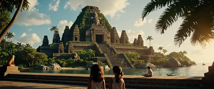 shoulder level of in the heart of a lush jungle, a group of colorful animals gather around an ancient temple to watch the movie. The scene is set in a sandy beach, with ferns and trees in the background. A girl in a flowing skater stands beside her, watching as she takes in the stunning scenery. In the distance, the sun sets behind them, casting an orange glow over the landscape. (key visual, cinematic grey Color grading), orange film grading, directed by Hirokazu Kore-eda Monochrome, grayscale, black and white, b&w, cool shadows, warm highlights, soft focus, black and white, classic, sound stage, vintage, film grain, scratches, patina, directed, cinematography, movie, film, classic