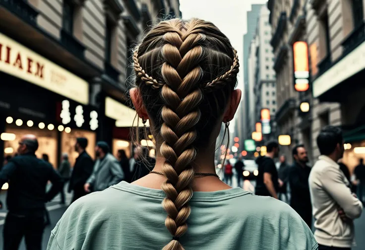 tilt shift of In a vibrant and surreal scene, Gunner's hair is painted in the style of French braids that dance and twist as they glide through a cityscape. The skyline is alive with energy, and people rush past, all gazing up at her with curiosity as she gazes out into the distance. The background of the scene is filled with scenes from other moviet this one is both captivating and thrilling, leaving viewers spellbound. (key visual, cinematic cyan Color grading), grey film grading, directed by Franklin J. Schaffner Monochrome, grayscale, black and white, b&w, cool shadows, warm highlights, soft focus, black and white, classic, sound stage, vintage, film grain, scratches, patina, directed, cinematography, movie, filassic