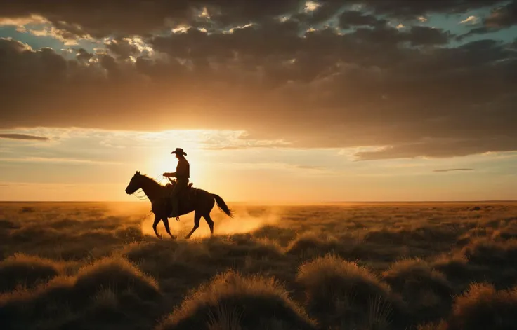 Dutch Angle of , directed by directors cinemastyles, A lone cowboy riding across a vast prairie, sun setting behind.