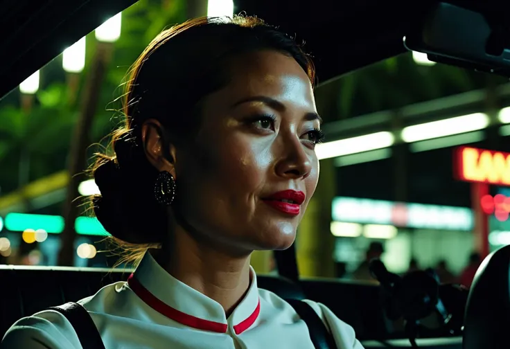 three shot of In a bustling city, a woman wearing a red and white mandarin collar shirt gazes intently towards a camera. The background is a vibrant jungle scene, filled with neon lights, towering trees, and vibrant flowers. The scene is set in a dark and moody atmosphere, with the sound of car rings and laughter filling the air. This is a , and no matter its intensity or action, (key visual, cinematic white Color grading), cyan film grading, directed by Wong Kar-wai Guerrilla filmmaking, handheld shots, jump cuts, improvisational, raw emotion, experimental angles, minimalistic, dialogue-driven, breakthrough performances, indie soundtrack, resourceful, avant-garde