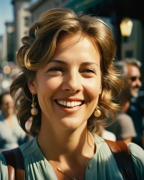 cinematic of extremely content happy smile , + / A fit light brown haired woman in San Francisco, California in summer at midday, directed by Kevin Costner Ektachrome, Romantic, Realism, flat lighting, gilded technique, DOF, bokeh