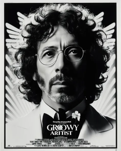 dutch angle of , directed by Hayao Miyazaki High-contrast, digital, black and white, sharp focus, deep blacks, brilliant whites, modern, digital B&W, Crime (movie poster with title and text graphics:1.3), "groovy artist" movie starring Howard Stern