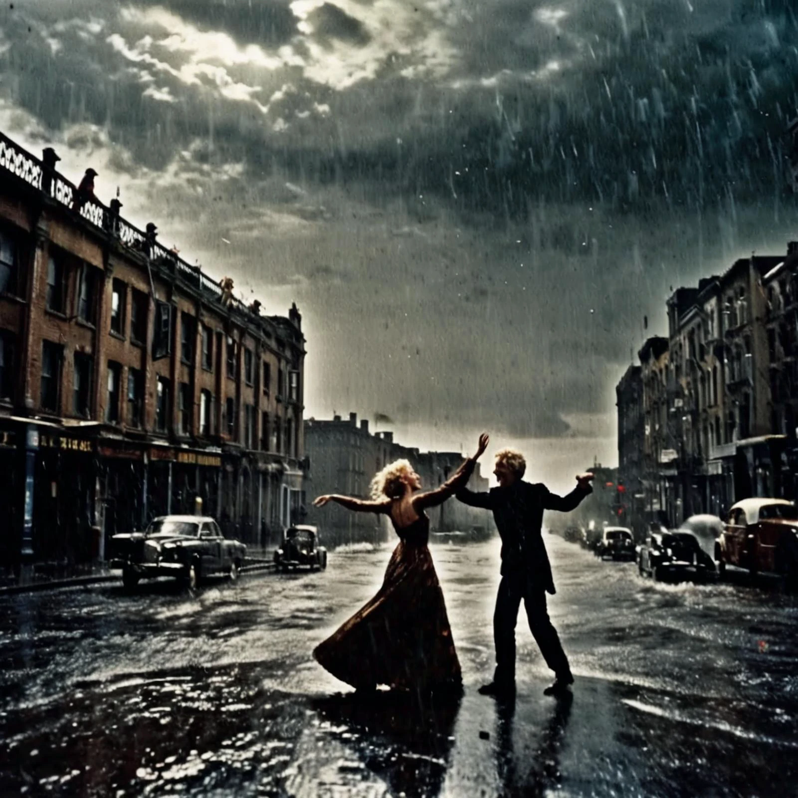 IMAX film still,perfect composition,cinematography by Roger Deakins,(by Pegi Nicol MacLeod:1.1) and (Gustave Moreau:1.1),photograph,(Aggravated (long shot,young lovers, soaking wet and dancing carefree in the rain, city streets, smiling,whimsical:1.6)),Stormy weather,(downpouring rain:1.3),Very wide view,Detailed illustration,Light,Steelpunk,still,Nikon d3300,F/14,Calotype,<lora:add-detail-xl:0.75>,<lora:CinematicStyle_v1:0.8>,<lora:Kodak Motion Picture Film Style v4:0.45>,Kodak Motion Picture Film Style,Kodak Motion Picture Film,