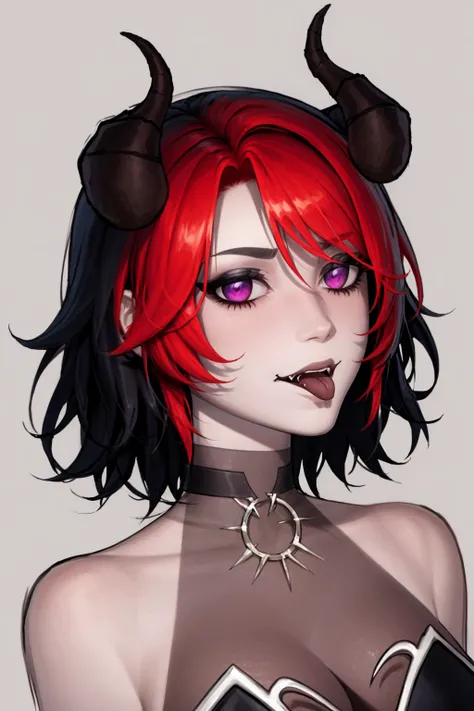masterpiece, best quality, 1girl, xen, succubus, black hair, red hair, short hair, purple eyes, horns, bare shoulders, fangs, (tongue out), closeup, sketch, simple background <lora:XenSuccubus:1>