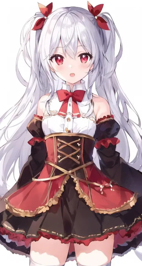 masterpiece, best quality, 1girl, simple background, (white background:1.5), multiple views,open-mouth,
big top sleeves,side blunt bangs, buttons, bare shoulders,Short skirt, white stockings,Aureate headgear, ,standing,Elegant hair,Long hair,hairs between eyes,Small breasts,bowties,red eyes, golden pupil,white hair,
<lora:windV3:0.5>