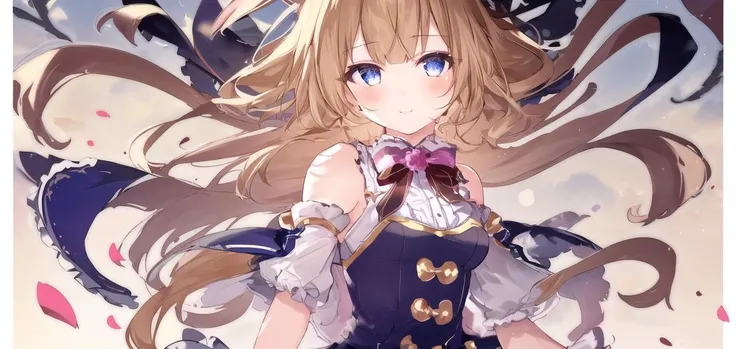 (1girl),(solo),littlegirl,Positive face,beautifuldetailedeyes,sidebluntbangs,hairsbetweeneyes,ribbons,bowties,buttons,bareshoulders,(smallbreast),blankstare,pleatedskirt,closetoviewer,((breeze)),Flyingsplashes,Flyingpetals,wind
 <lora:windV3:1>