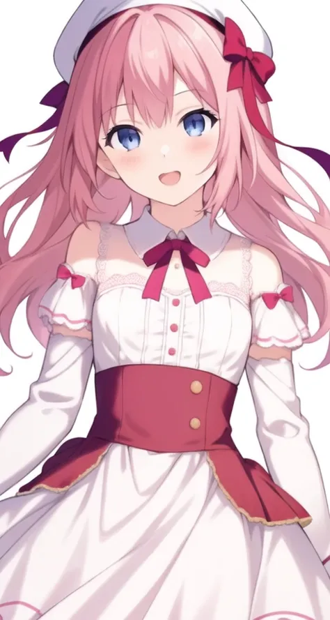 official art,1girl, simple background,[(white background:1.5)::0.2],open-mouth,(white background:1.2)
1girl,blue eyes, long hair, pink hair,beret,separation sleeve,(white dress:1.3),blue ribbon,french argument,
<lora:charturnbetalora:0.2>
<lora:windV3:1>