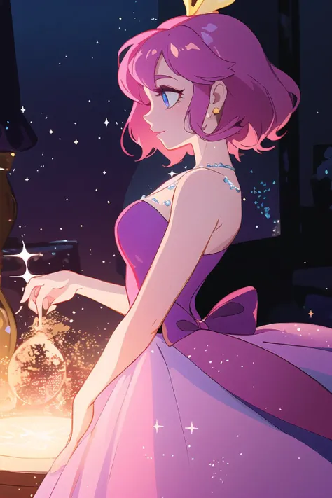 best quality, dark, cinematic film still, 8k, masterpiece, best quality, disney cartoon, beautiful disney princess wearing a magical sparkling dress, glowing purple and pink sparkles