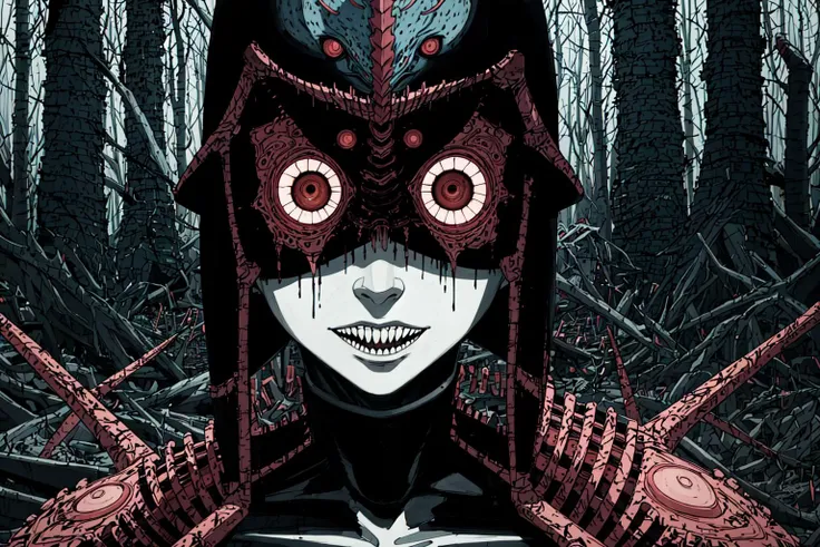 Regal ([Krysten Ritter:The Architect:4] :1.3) , wearing armor of Darkness made by Victoria's Secret, The Architect has a Deafening Crazy Eyes, Archean woods, Sharp and in focus, Still Life, Desaturated, professional, by Junji Ito