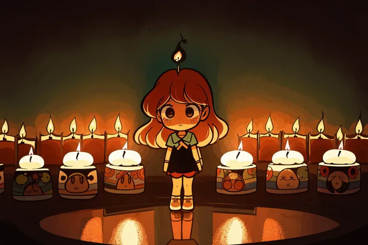 eye-level shot of a Chibi 1970'S, feeling very grateful, her hair is Brown, Panorama, Flustered, Candle light, F/1.8, sunbeam, (comics art stylized by Asaf Hanuka:0.9) , (Leanne Surfleet:1.2)
