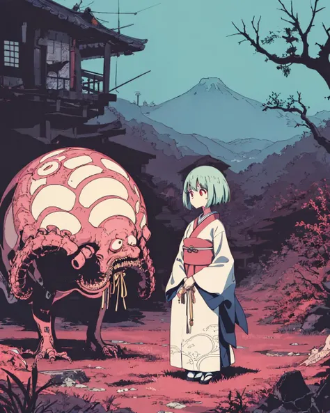 (1 girl:1.2), solo, himecut,traditional japanese clothes,looking afar, red eyes,standing,cartoon style, joe fenton, a black and white photo of deadpan, camping, unbecoming, gnawling, envy, Ghast (Lovecraftian),calm, soft smile, Wayne Barlowe,