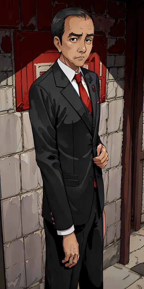 <lora:jokowi:0.7>, (masterpiece, best quality), jokowi, 2d style, standing, full body, middle age, old man, (black suit, red necktie), look at viewer, brick wall, symmetrical eyes, black eyes, serious face