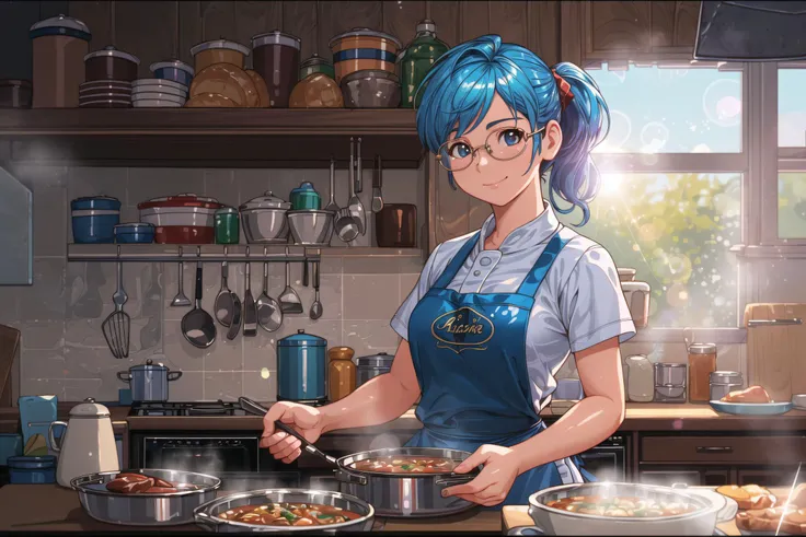 1girl in a kitchen, small breasts, wide hips, (apron), naked, light blue hair, cooking, motion lines, smile, ((Realistic)),(Detailed Hair), Depth of Field, Ornate, Ominous, Intricate Details, Cinematic, 4K, 8K, NSFW, Cinematic Light, Backlighting, Volumetric Lighting, Ambient Occlusion, Chromatic Aberration, Ray Tracing, Highly Detailed, Anamorphic Lens Flare, Lens Flare, Bokeh, Cinematic DOF, Depth of Field, Focal Lens, detailed face, detailed pupils, intricate, detailed background, cooking, frying pan, wok, rimless eyewear, steak, soup, low ponytail, food, window, <lora:more_details:0.5>