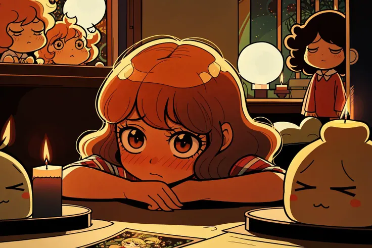 eye-level shot of a Chibi 1970'S, feeling very grateful, her hair is Brown, Panorama, Flustered, Candle light, F/1.8, sunbeam, (comics art stylized by Asaf Hanuka:0.9) , (Leanne Surfleet:1.2)